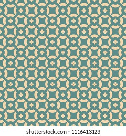 Vector floral seamless pattern. Retro style geometric ornament in pastel colors, tan and teal. Abstract background texture with small flower shapes, circles, rounded grid, repeat tiles. Simple design