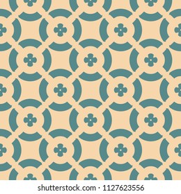 Vector floral seamless pattern. Retro style geometric ornament in pastel colors, tan and teal. Abstract background texture with flower shapes, circles, repeat tiles. Design for decor, wallpapers 