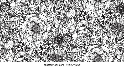 Vector floral seamless pattern. Romantic elegant endless background with hand drawn peony, feverweed, protea flowers and leaves