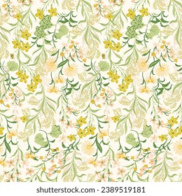 Vector floral seamless pattern. Romantic elegant endless background, doodle vector flowers and leaves.