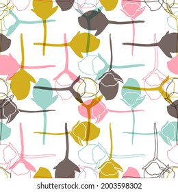 Vector floral seamless pattern with rosebuds. Stylized hand drawn flowers in pastel colors on white background.