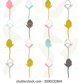 Patrón vectorial floral sin soldadura con palillos y hojas. Flores estilizadas a mano y hojas en colores pastel sobre fondo blanco.