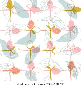 Vector floral seamless pattern with rosebuds and leaves. Stylized hand drawn flowers and leaves in pastel colors on white background.