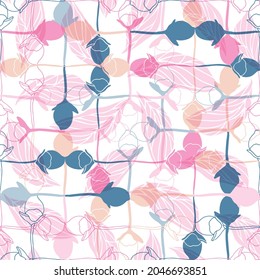 Vector floral seamless pattern with rosebuds and leaves. Stylized hand drawn flowers and leaves in pastel colors on white background.