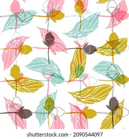 Vector floral seamless pattern with rosebuds and leaves. Stylized hand drawn flowers and leaves in pastel colors on white background.