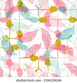 Patrón vectorial floral sin soldadura con palillos y hojas. Flores estilizadas a mano y hojas en colores pastel sobre fondo blanco.
