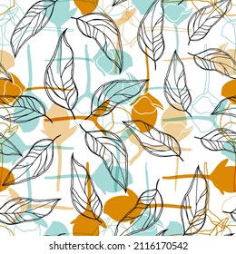 Vector floral seamless pattern with rosebuds and leaves. Stylized hand drawn flowers and leaves in pastel colors on white background.