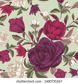 Vector floral seamless pattern with roses, tulips, apple blossom