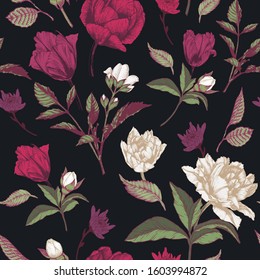 Vector floral seamless pattern with roses, tulips and chrysanthemum