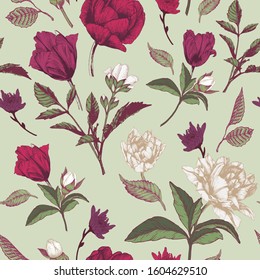 Vector floral seamless pattern with roses, tulips and chrysanthemum