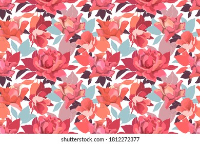 Vector floral seamless pattern with roses. Delicate garden flowers and leaves in a warm color scheme on a white background.