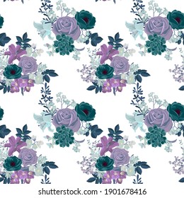 vector floral seamless pattern with roses at white background, hand drawn illustration