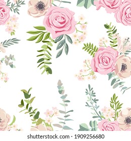 patrón vectorial sin soldadura floral con rosas en fondo blanco, ilustración dibujada a mano