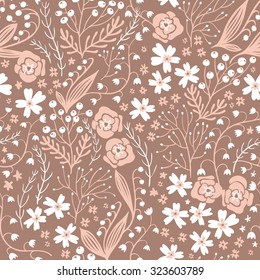 vector floral seamless pattern with roses, plants and herbs