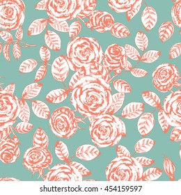 Vector floral seamless pattern with roses on green. Botanical hand drawn illustration with beautiful flowers. Ink drawn sketch. For vintage herbal design in the style of engravings.