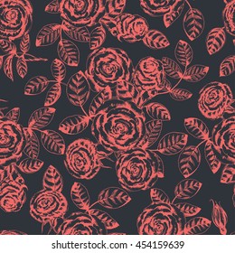 Vector floral seamless pattern with roses. Pink on dark gray. Botanical hand drawn illustration with beautiful flowers. Ink drawn sketch. For vintage herbal design in the style of engravings.
