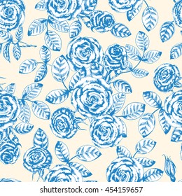Vector floral seamless pattern with roses. Blue on light yellow. Botanical hand drawn illustration with beautiful flowers. Ink drawn sketch. For vintage herbal design in the style of engravings.