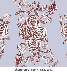 Vector floral seamless pattern with roses. Brown on lilac. Botanical hand drawn illustration with beautiful flowers. Ink drawn sketch. For vintage herbal design in the style of engravings.
