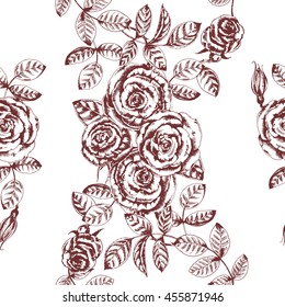 Vector floral seamless pattern with roses. Brown on white. Botanical hand drawn illustration with beautiful flowers. Ink drawn sketch. For vintage herbal design in the style of engravings.