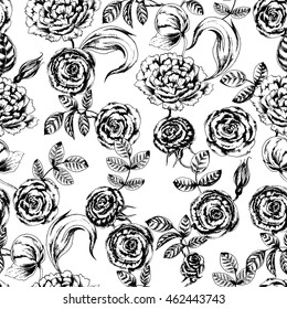 Vector floral seamless pattern with roses. Black and white. Botanical hand drawn illustration with beautiful flowers. Ink drawn sketch. For vintage herbal design in style of engravings. Roses pattern.