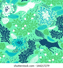 vector floral seamless pattern with running foxes and abstract plants