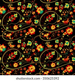 Vector floral seamless pattern in russian style with birds