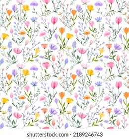 Vector floral seamless pattern. Set of leaves, wildflowers, twigs, floral arrangements. Beautiful compositions of field grass and bright spring flowers on white background