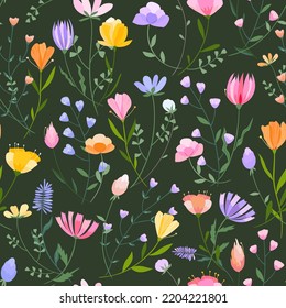 Vector floral seamless pattern. Set of leaves, wildflowers, twigs, floral arrangements. Beautiful compositions of field grass and bright spring flowers on dark green background