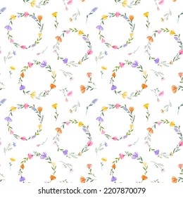 Vector floral seamless pattern. Set of leaves, wildflowers, twigs, floral arrangements. Beautiful compositions of field grass and bright spring flowers on white background