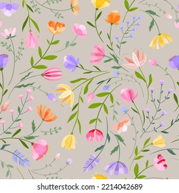 Vector floral seamless pattern. Set of leaves, wildflowers, twigs, floral arrangements. Beautiful compositions of field grass and bright spring flowers on grey background