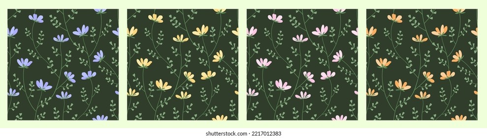 Vector floral seamless pattern. Set of leaves, wildflowers, twigs, floral arrangements. Beautiful compositions of field grass and bright spring flowers on dark green background