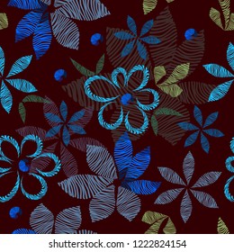 Vector floral seamless pattern, shaded decorative simple flowers and leaves on a black background,