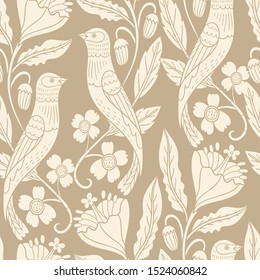 vector floral seamless pattern with silhouette birds and tulips