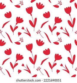 Vector Floral Seamless Pattern. Silhouette Red Flowers Repeat Background. Botany Fabric Design.