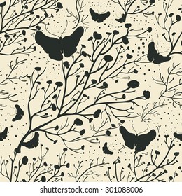 Vector floral seamless pattern with silhouette flowers and butterflies. Endless backdrop isolated on light background