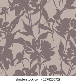 Vector floral seamless pattern. Silhouettes made of peony flowers and petals. Botanical backdrop for wallpaper, textiles, fabric, clothes, jacket, souvenirs, wrapper, surface or scrapbook. 