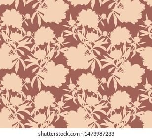 Vector floral seamless pattern. Silhouettes made of peony flowers and petals. Flat botanical backdrop for wallpaper, textiles, fabric, clothes, jacket, souvenirs, wrapper, surface or scrapbook. 