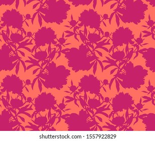 Vector floral seamless pattern. Silhouettes made of peony flowers and petals. Flat botanical backdrop for wallpaper, textiles, fabric, clothes, jacket, souvenirs, wrapper, surface or scrapbook. 