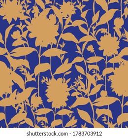 Vector floral seamless pattern. Silhouettes made of abstract garden flowers and petals. Vintage style. Flat botanical backdrop for wallpaper, textile, fabric, clothes.