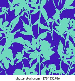 Vector floral seamless pattern. Silhouettes made of peony flowers and petals. Flat botanical backdrop for wallpaper, textiles, fabric, clothes, jacket, souvenirs, wrapper, surface or scrapbook.