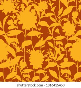 Vektor blühendes nahtloses Muster. Silhouetten aus abstrakten Gartenblumen und Blütenblättern. Vintage-Stil. Flache botanische Kulisse für Tapeten, Textilien, Stoff, Kleidung.