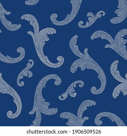 Vector floral seamless pattern from silver acanthus leaf Baroque scrolls embroidered with stitches on a dark indigo blue background. Scarf, bandana silk print design, wallpaper, wrapping paper