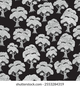 Vector floral seamless pattern. Silver colored trees on a black background, Coloring book page