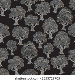 Vector floral seamless pattern. Silver colored trees on a black background