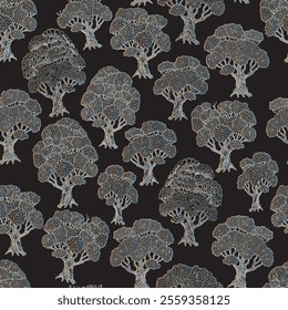 Vector floral seamless pattern. Silver colored trees on a black background