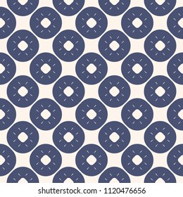 Vector floral seamless pattern. Simple geometric background with flower shapes, circles, dots, repeat tiles. Abstract navy blue and beige ornamental texture. Stylish design for decor, fabric, prints