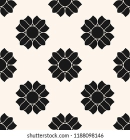 Vector floral seamless pattern. Simple black and white ornament texture with big flowers. Abstract monochrome geometric background. Luxury repeatable design for decor, fabric, furniture, carpet, cloth