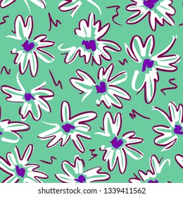 Vector floral seamless pattern. Simple colorful botanical illustration with daisy flowers. Plain sketch made of marker. Good for bedding, fabric, textile, wallpaper, wrapping, surface.