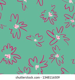 Vector floral seamless pattern. Simple colorful botanical illustration with daisy flowers. Plain sketch made of marker. Good for bedding, fabric, textile, wallpaper, wrapping, surface.