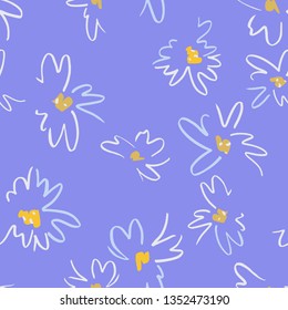 Vector floral seamless pattern. Simple colorful botanical illustration with daisy flowers. Plain sketch made of marker. Good for bedding, fabric, textile, wallpaper, wrapping, surface.